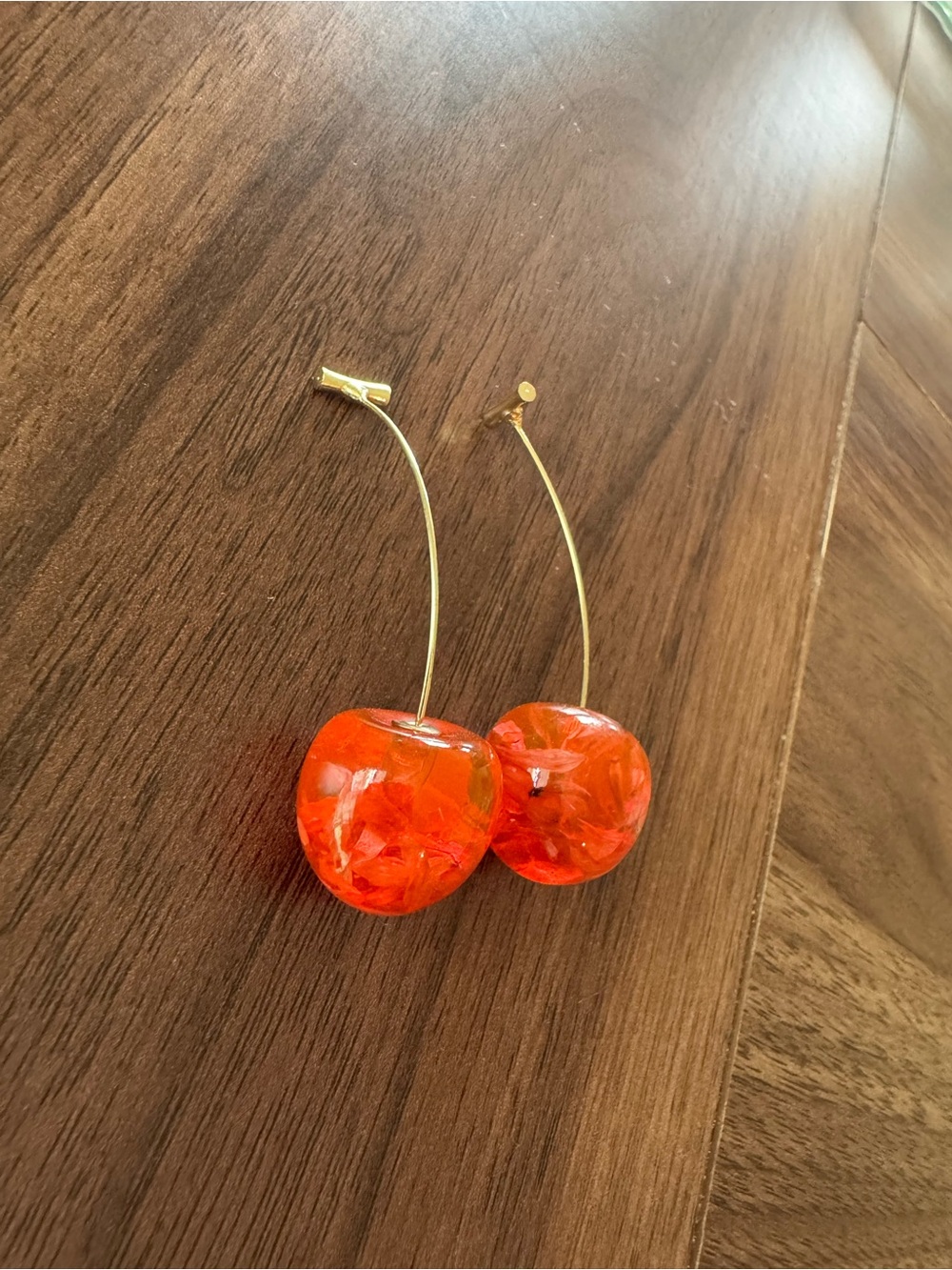 Gold-Tone Cherry Drop Earrings with Bright Red/Orange Resin
